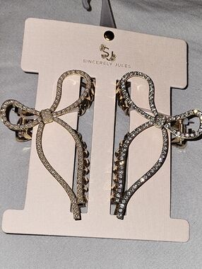 Sincerely Jules Gold Bow Crystal / Pearl Hair Clips Rt Lp